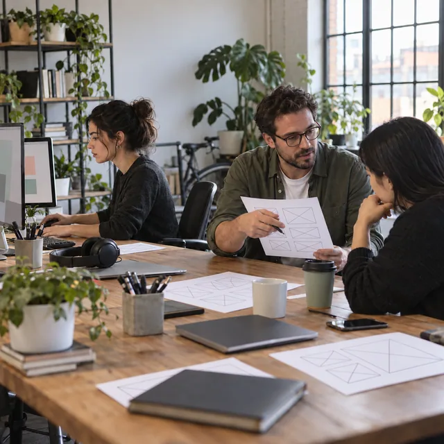 A creative team discussing page wireframes at a shared studio desk.