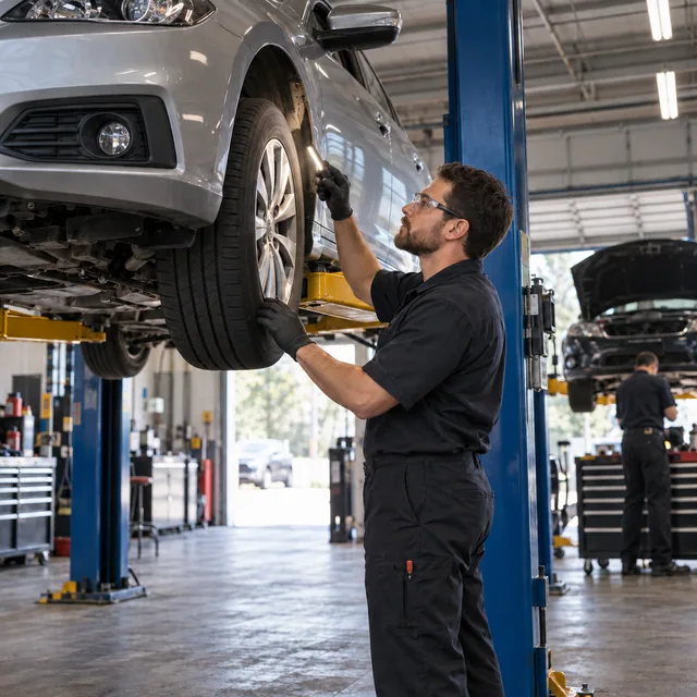 A technician inspecting a wheel on a car raised in a repair shop.