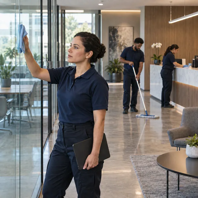 A cleaning team wiping glass, mopping the floor and cleaning a reception counter.