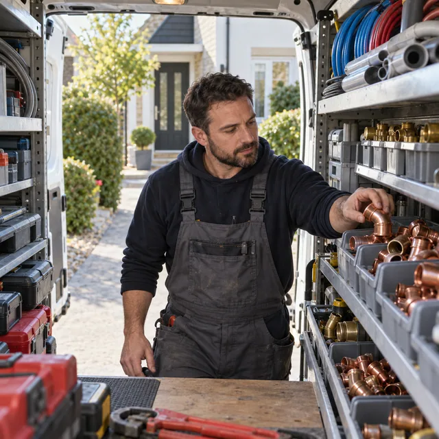 A tradesperson selecting a copper fitting from an organized service van.