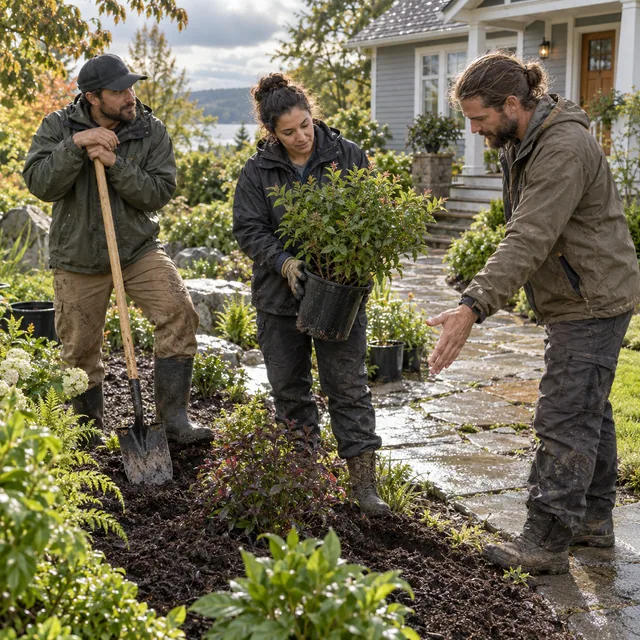 A landscaping crew positioning a shrub beside a garden path.