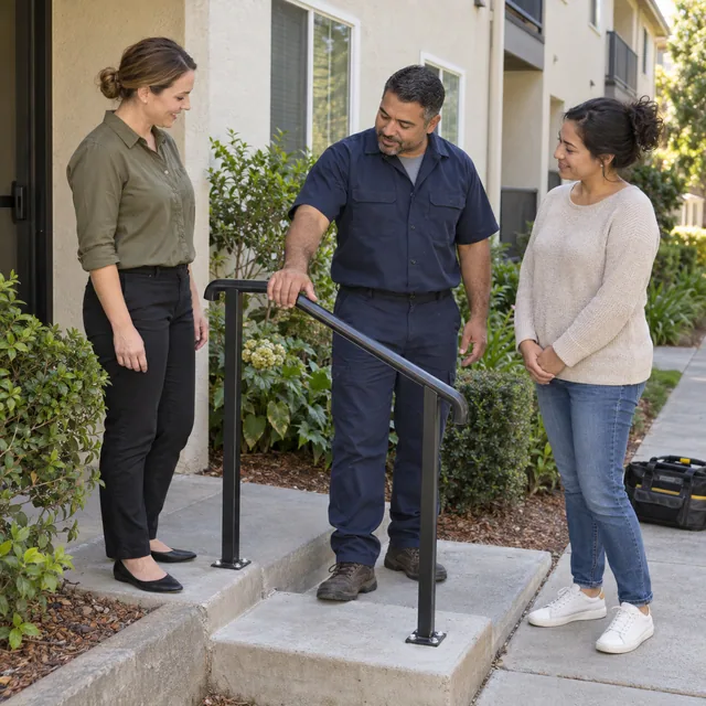 Three people inspecting a handrail at an apartment entrance.