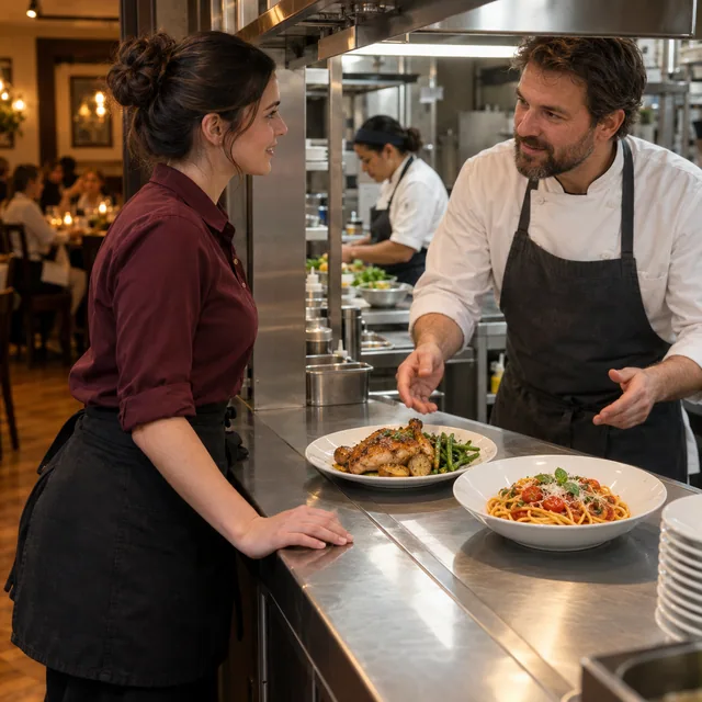 A chef and server discussing plated food at a restaurant kitchen pass.