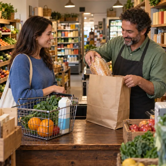A shopkeeper packing a customer's groceries at a small store counter.