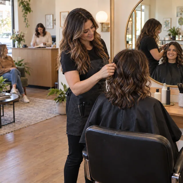 A stylist working on a client's hair in a salon.