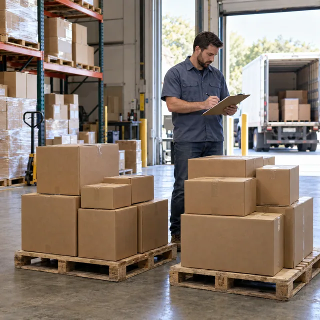 A warehouse worker checking cartons beside a loading bay.
